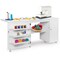 White MDF Folding Sewing Table with Storage Shelves and Wheels for Small Spaces